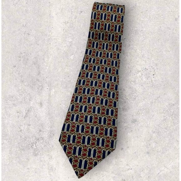 CELINE Silk Tie SPAIN Navy Burgundy Beige Geometric W:3.7